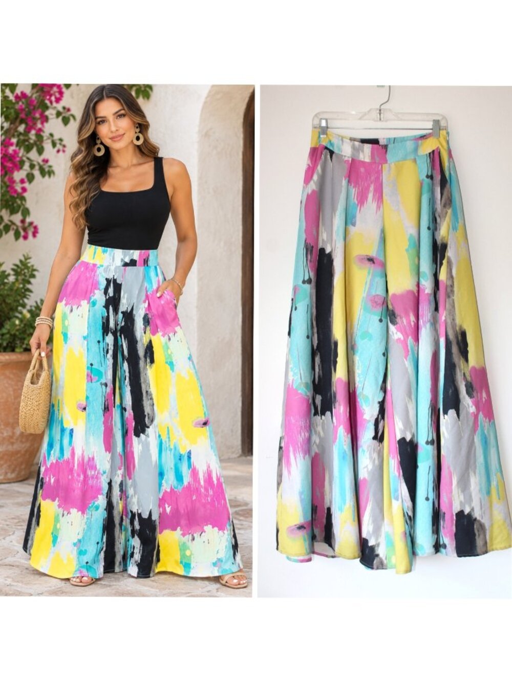 VTG Melva Multicolor Wide Legs Pants size M watercolor High waist Artsy USA